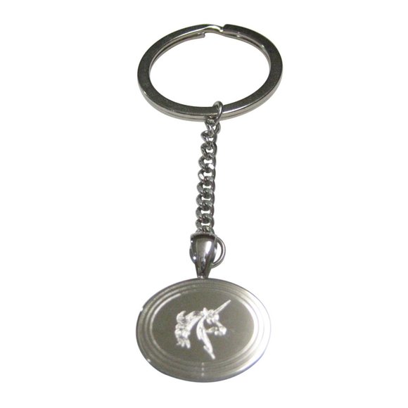 Etched Oval Unicorn Head Pendant Keychain - Picture 1 of 2